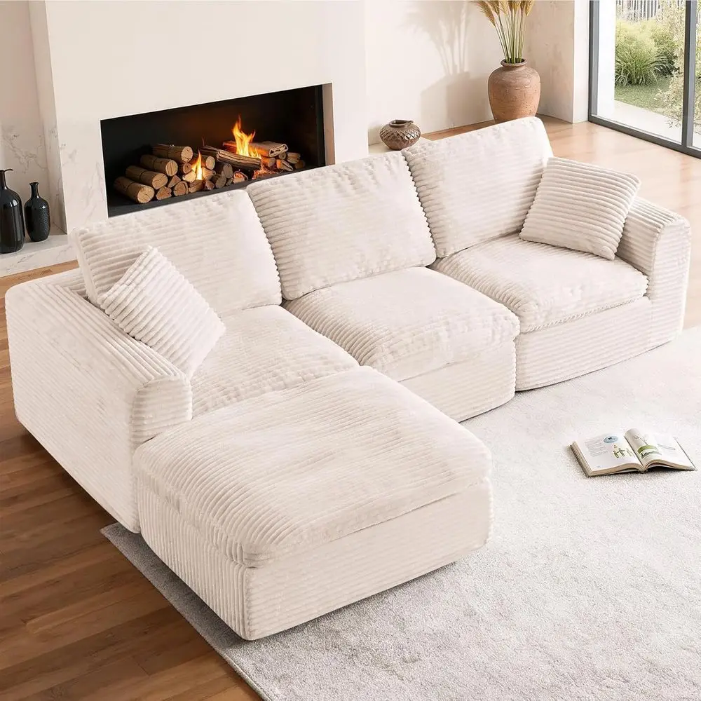 

3 Seater L-Shaped Cloud Sofa with Memory Foam, Ottoman, Corduroy Beige for Living Room