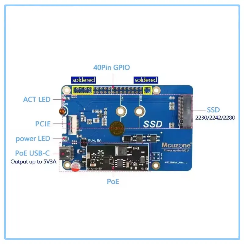 Placa de expansión Raspberry Pi 5 PCIe a M.2 NVMe SSD con módulo de fuente de alimentación POE compatible con tamaño 2280 2242 2230