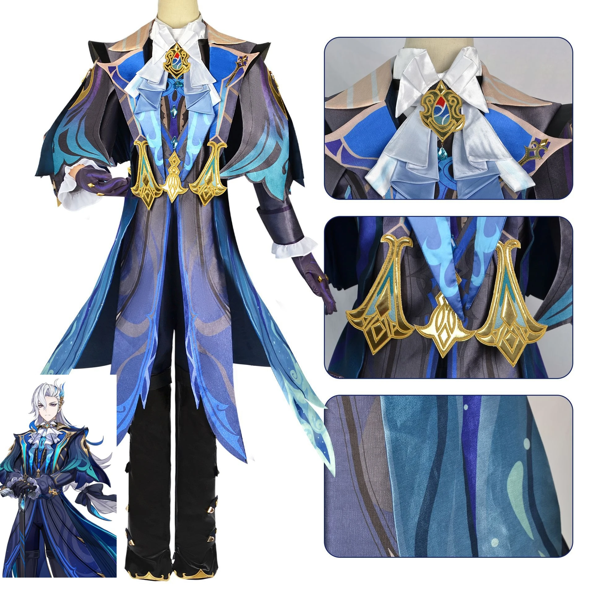 

Neuvillette Anime Genshin Impact Cosplay Costume Wig Gloves Uniform Fontaine Chief Justice Judgment Halloween Role Play Suit