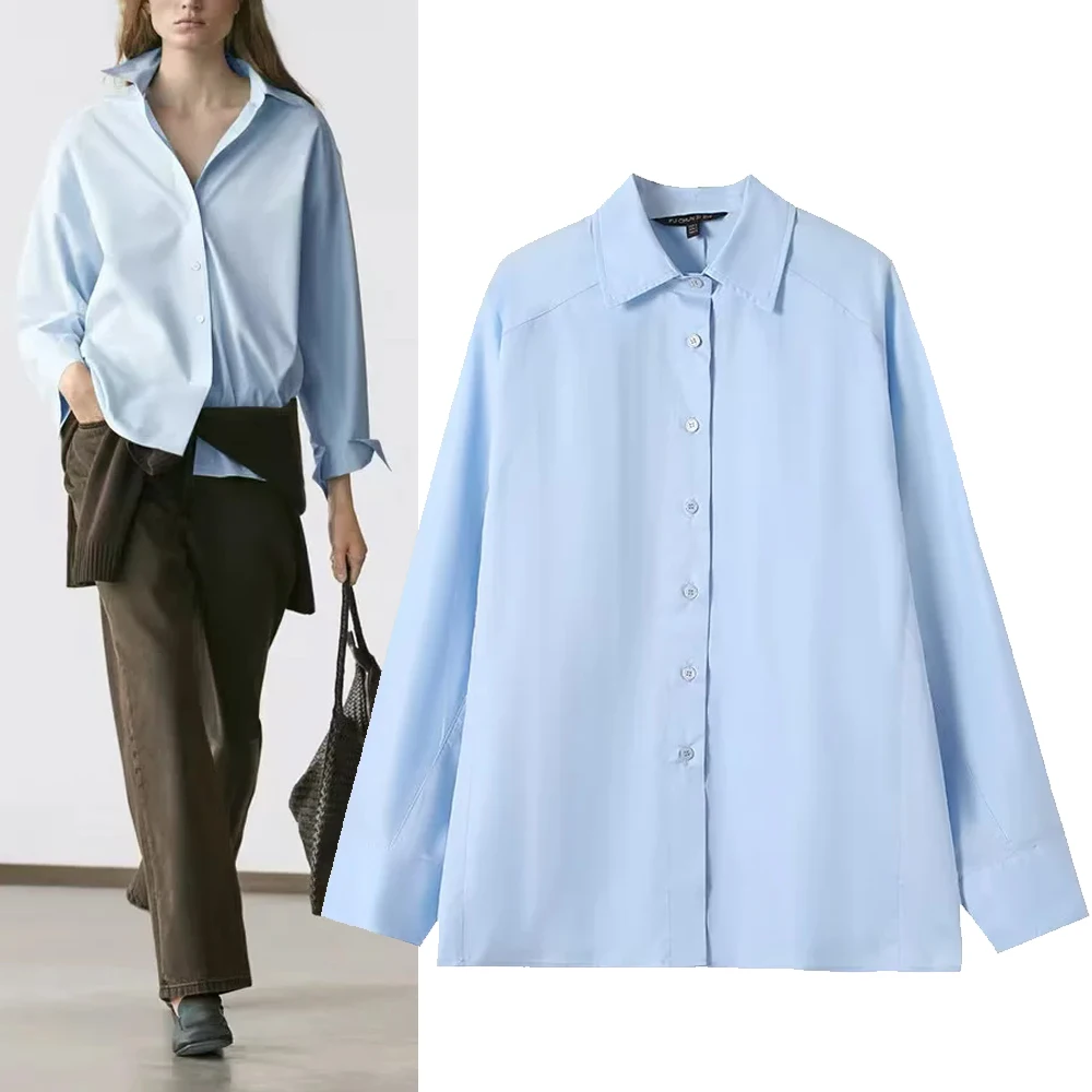 

Высококачественная женская рубашка с длинным рукавом, однотонная, модная, с отложным воротником, универсальный стиль, из смесового хлопка и полиэстера, приталенный крой