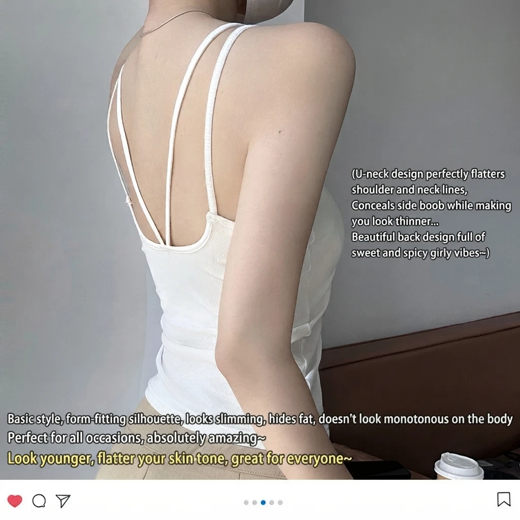 Cotton Spandex Camisole Tank Top U Back Open Back Chest Pad Summer Slim Fit Women Sweet Fresh Inner Outer Bottoming Top