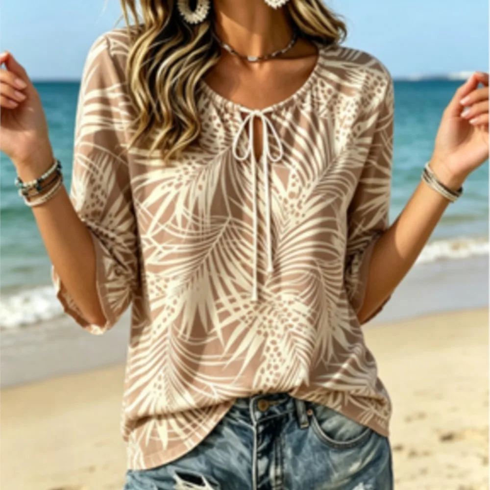 

Women's Neutral Palm Leopard Mix Print Tie Neck Ruffle 3/4 Sleeve Soft Boho Tropical Casual Blouse