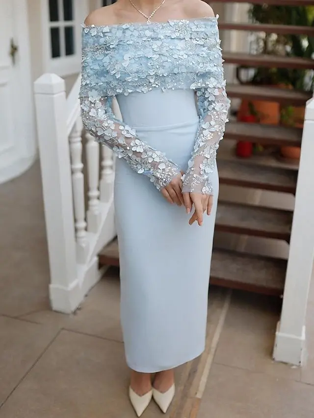 

Customized Boho Sky Blue Graduation Dresses Beaded Floral Tea Length Off Shoulder Full Sleeves with Shawl Formal Party Prom Gown
