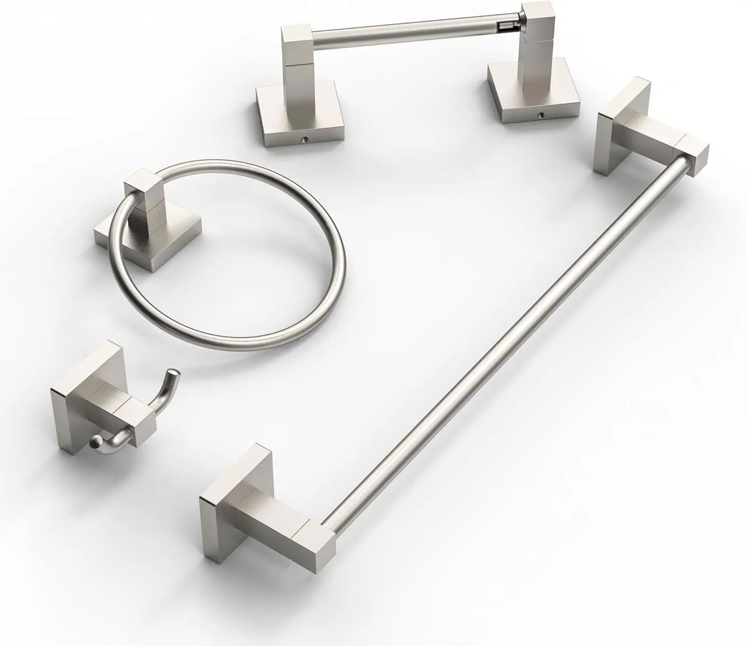 

4-Piece Bathroom Hardware Set: Towel Bar, Toilet Paper Holder, Ring & Hooks in Brushed Nickel Stainless Steel