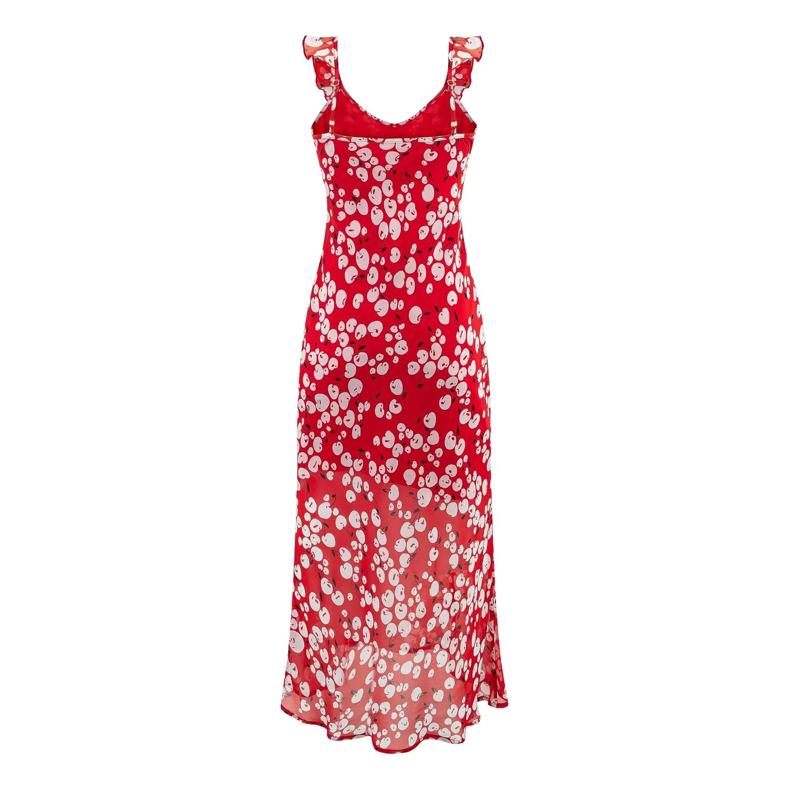 Verão babados com decote em v vestido de chiffon vermelho feminino sem mangas sem costas magro impressão midi vestidos bodycon