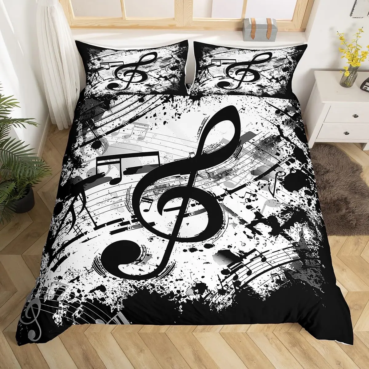 Music Theme Duvet Cover King Queen Red Rotating Notes Comforter Cover with 2 Pillowcase Teens Adults Musical Art Bedding Set