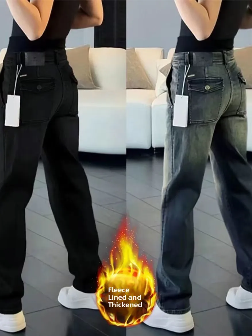 

Мужские джинсы свободного кроя с флисовой подкладкой, прямые, повседневные, с эластичным поясом, винтажные, зауженные, длинные брюки для осени и зимы