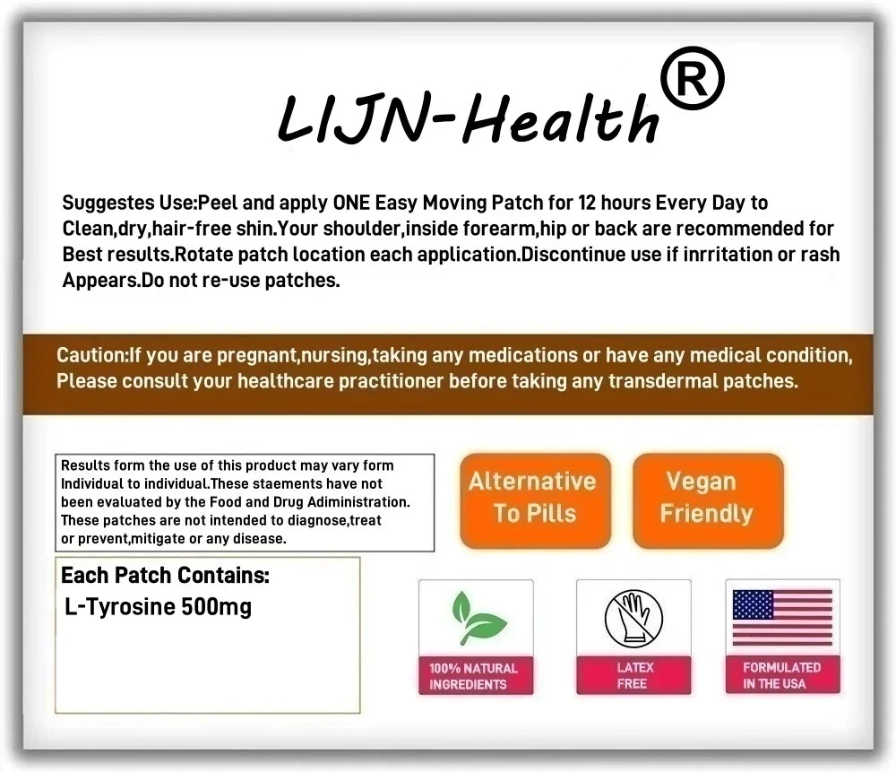 30 patchs patchs L-Tyrosine - Support de santé cérébrale pour la mémoire, la santé cognitive et l'alerte mentale