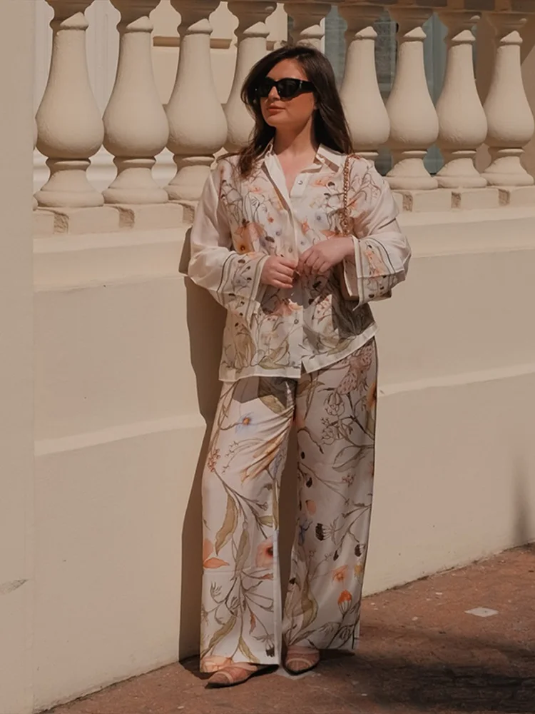 

Printed Shirt Long Pants Woman Set Lapel Single Breasted Loose Top High Waist Straight Trousers Casual New Women's Fashion Suits