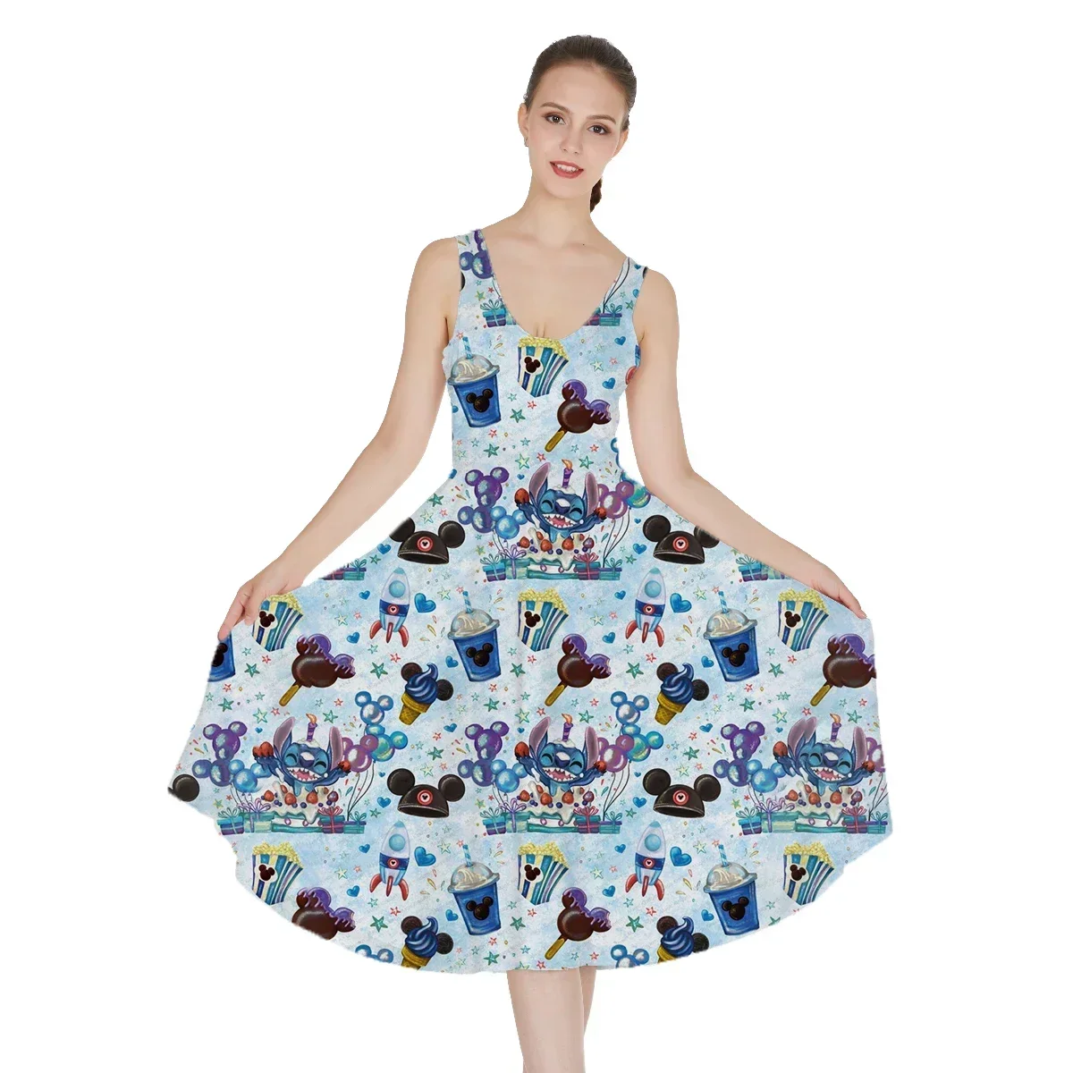 

2024 Summer New Disney Stitch Women's Beach Dresse Mickey Minnie Dresses Women Summer Fashion Sling Print Sexy Skinny Seaside