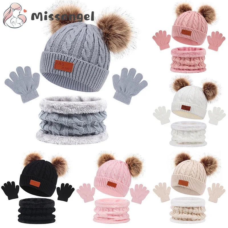 Gorro bonito para bebé, bufanda, guantes, conjunto de traje, gorro, gorros para niños, pompón de bola falsa para niñas, gorros tejidos de felpa para mantener el calor en invierno