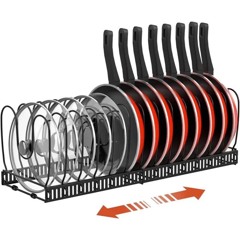 

Expandable Pot and Pan Organizer for Cabinet, Pot Lid Holder Rack with 10 Adjustable Dividers, Cookware Storage Organizer