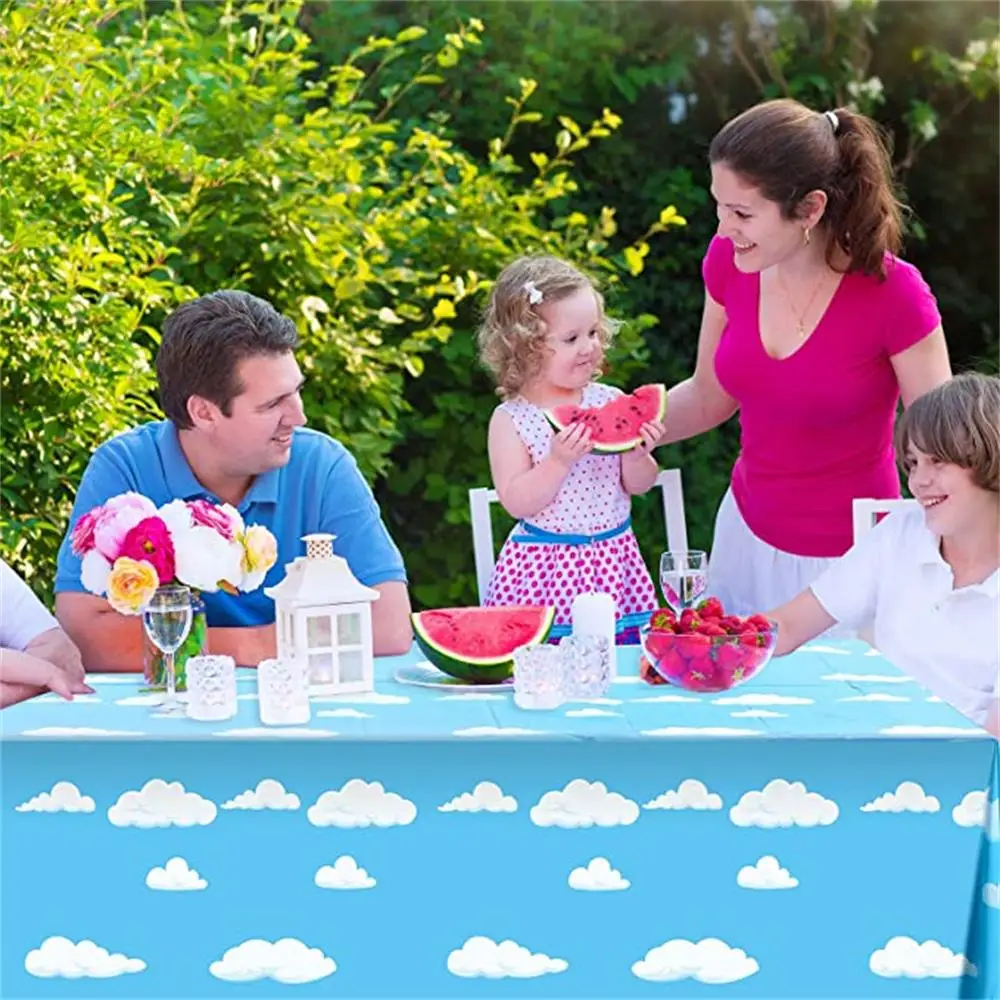 Blue Sky White Clouds Party Supplies Tablecloth for Kids Disposable Table Cover Favor Cartoon Story Birthday Festival Decoration