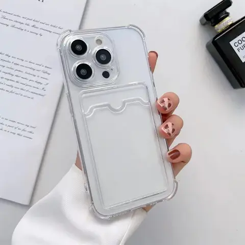 iPhone 15 14 13 12 Mini 11 Pro XS Max X XR 6 6s 7 8 Plus 보호 백 카드 포켓 커버 용 충격 방지 실리콘 클리어 케이스