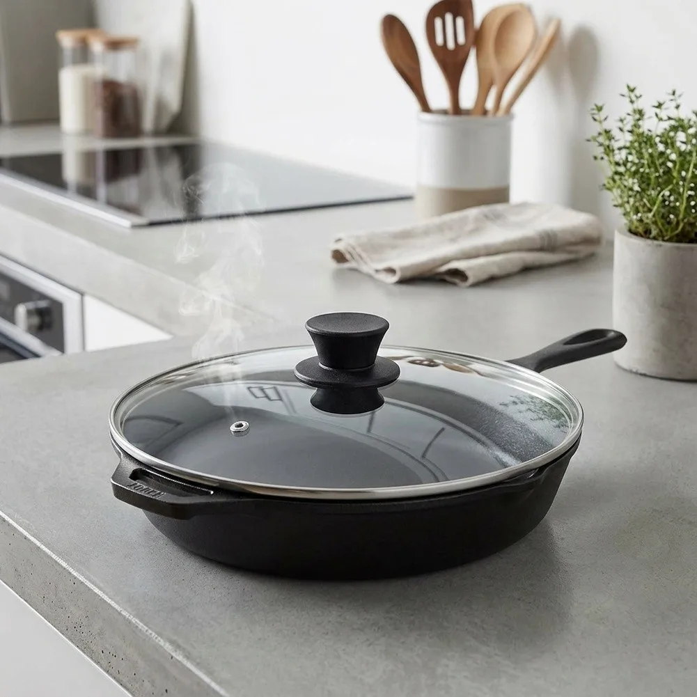 Round Tempered Glass Lid with Stainless Steel Edge for 8 Inch Cookware Fry Pan Wok Skillet Ensures Secure Fit and Steam Release
