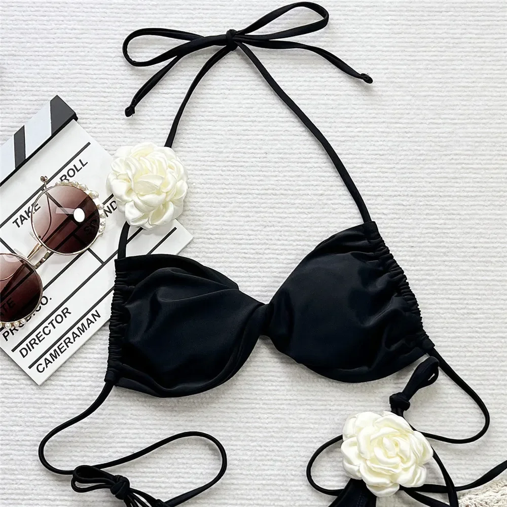 Sexy 3D Flower Micro Thong Bikinis Sets 2024 Women String Halter Lace-up Swimsuits Black Bandeau Swimwear Bathing Suit Bikini