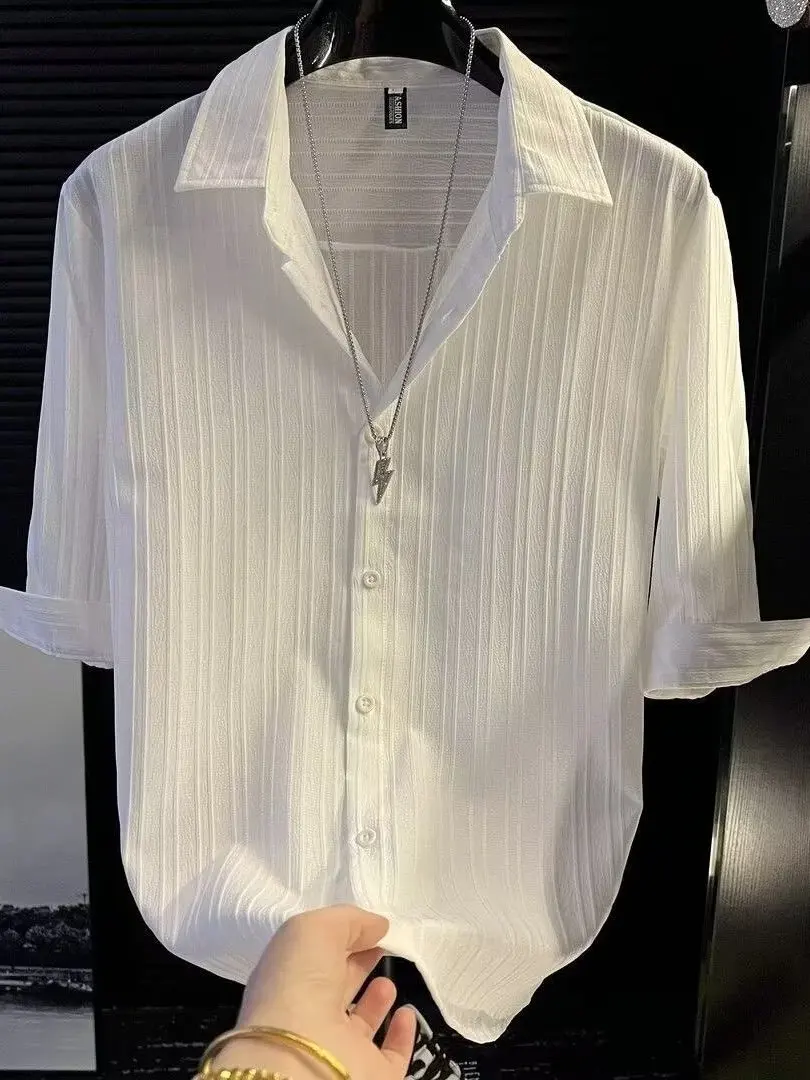 

Ice Silk Drapey Seven Sleeve Men's Casual Thin Short Shirt Summer Breathable Cool Feeling Polyester Standard Fit Youth Fashion