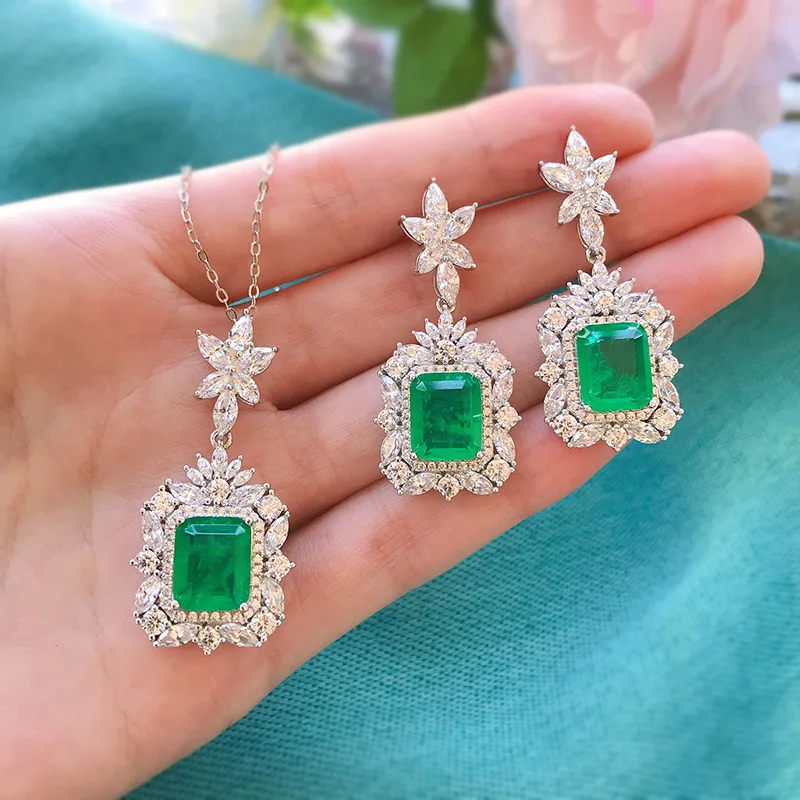 Boutique Jewelry New S925 Silver Imitation Emerald Colored Treasure Retro Earring Ring Pendant Gift Three piece Jewelry Set