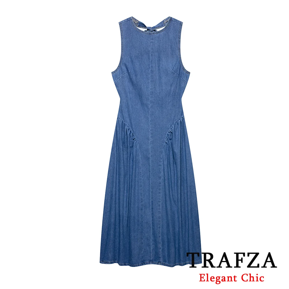 

TRAFZA Women Sexy Casual Denim Midi Dress O-Neck Sleeveless Backless Lace-up Long Dress 2025 Fashion Summer Party Club Dress