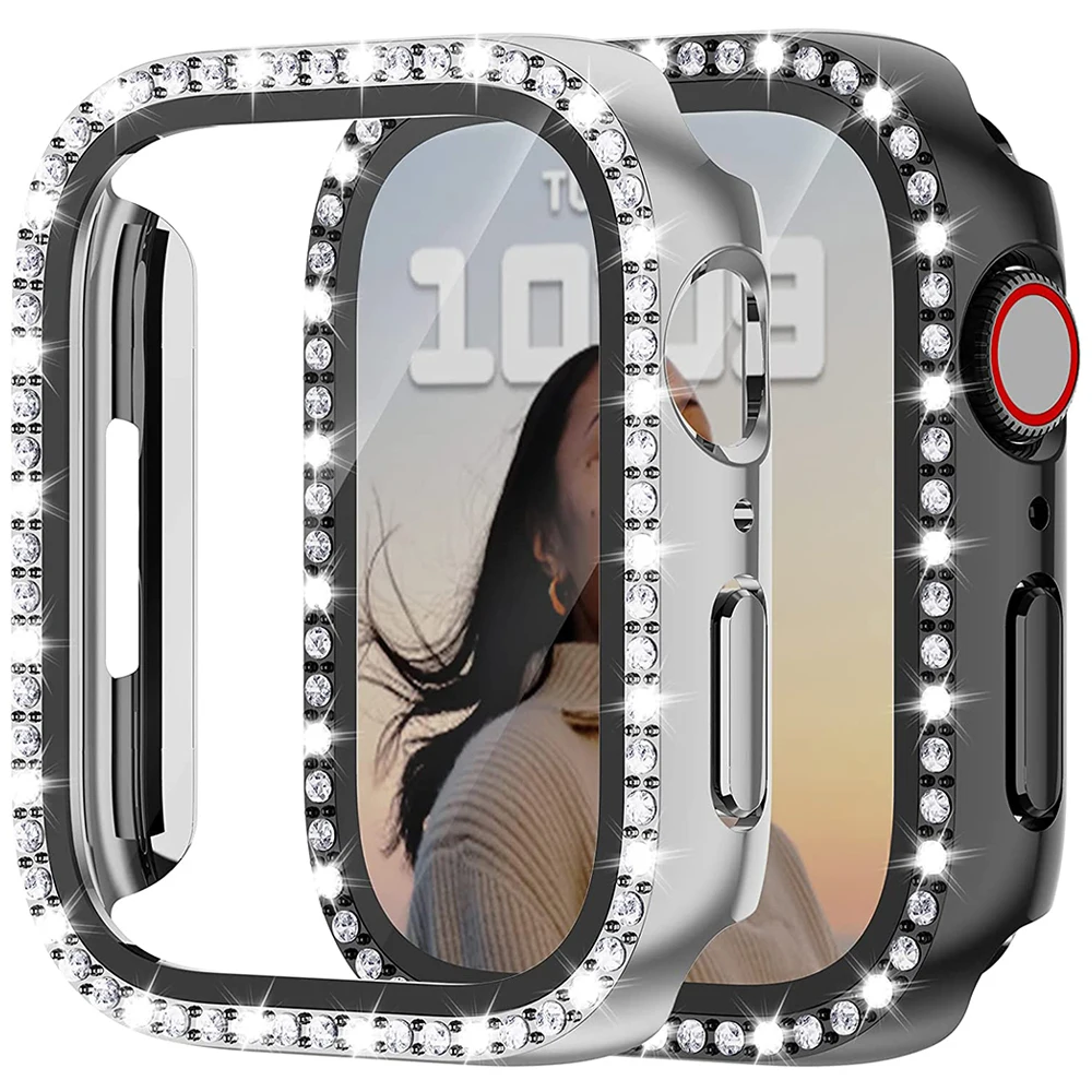 Glazen + Horloge Hoes Voor Apple Watch 45Mm 41Mm 40Mm 44Mm 38Mm 42Mm Bling Case Diamant Bumper Protector Voor Iwatchse 9 8 7 6 5 4 3 2