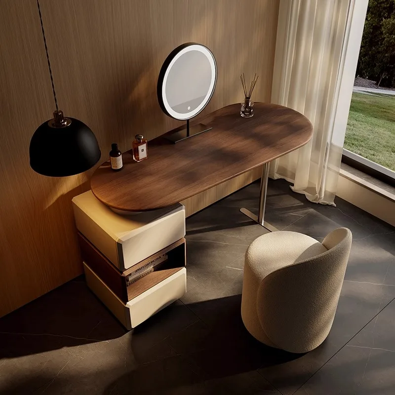 طاولة زينة مكياج فاخرة مضيئة مع خزائن مرآة لمكتب غرفة نوم البالغين مع مرآة خفيفة مع مقعد حديث