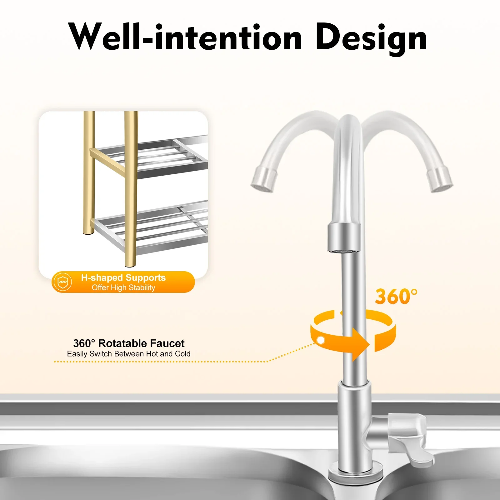 حوض ستانلس ستيل قائم بذاته مع خزانة قاعدة، حوض خارجي، 120 × 45 × 80 سم، حوض غسيل متعدد الوظائف، حوض تخييم #3