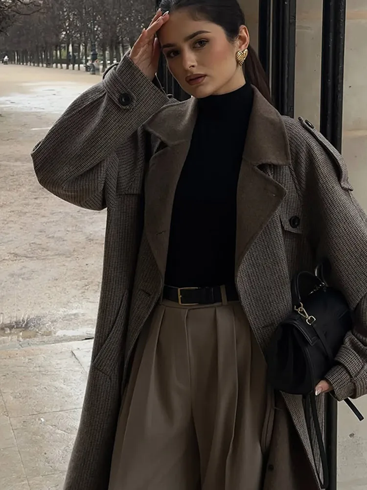

Women Lace Up Plaid Trench Coat Fashion V Collar Full Sleeve Double Breasted Overcoat Autumn Daily Commute High Street Outfits