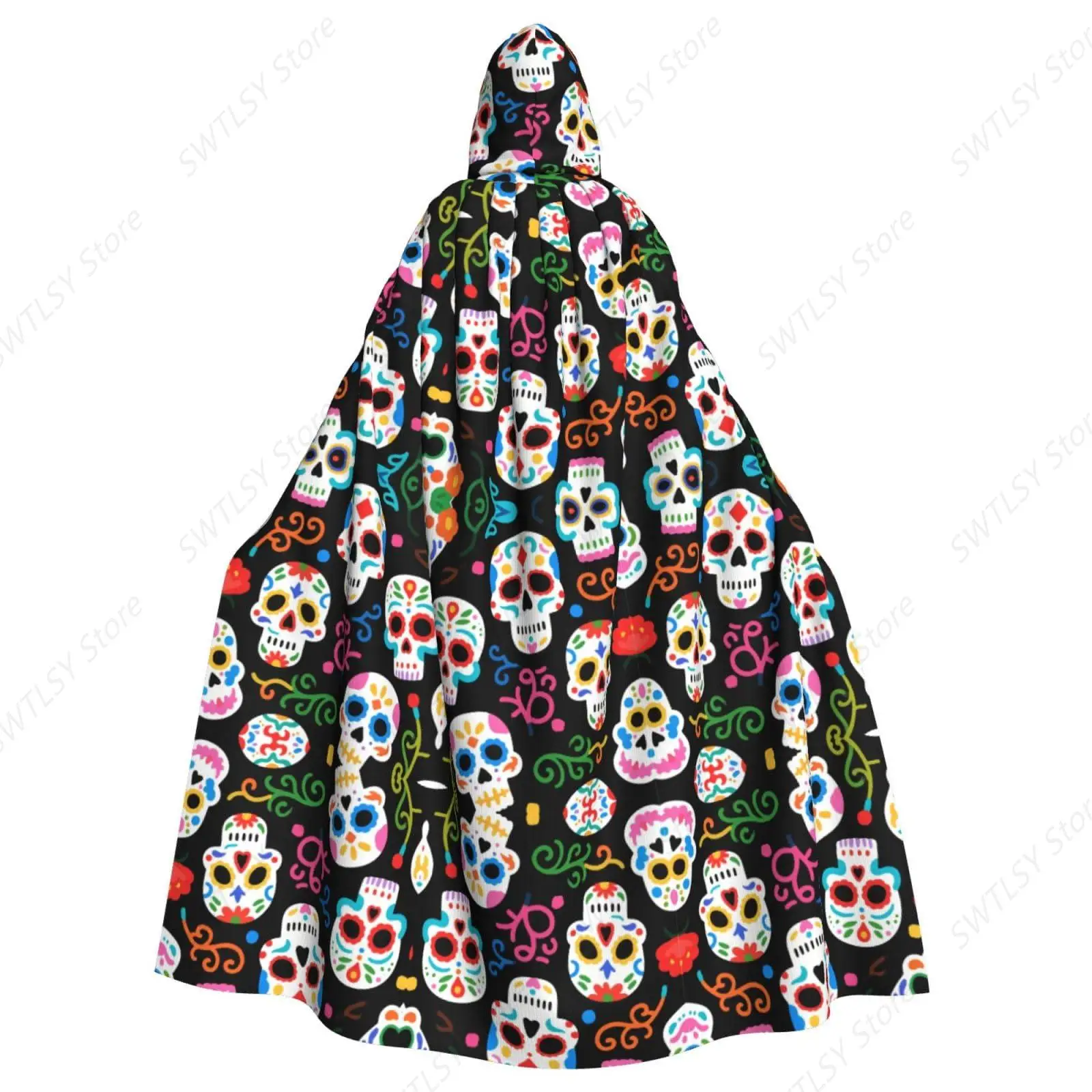 Adult Mexican Sugar Skull Art Full Long Hooded Cloaks for Halloween Fancy Cosplay Costume, Mysterious Tunic Elven Cloak Outwear
