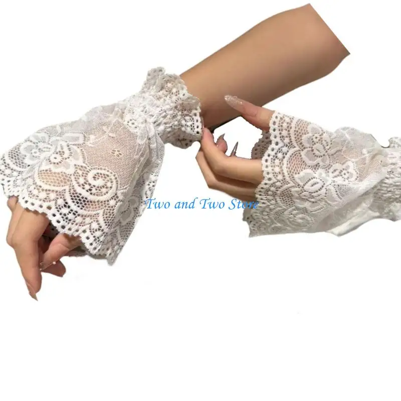 HX6F Lace Faux Sleeve Cuffs Pair with Sheer Lace Elastic Wrist Detail for Costume