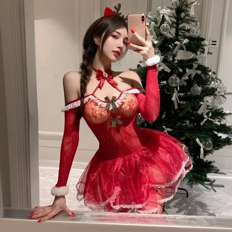 جديد مثير الملابس الداخلية عيد الميلاد الرنة انظر من خلال فساتين شبكة قابلة للإزالة مجموعة موحدة، مثير يمزح بيبي دول غريبة