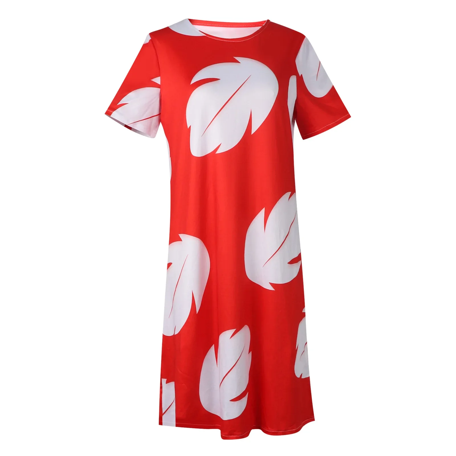 

Lilo Costume Women Red Dress Short Sleeve Pajamas Hawaiian Leaf Printed Dress Summer Beach Outfit