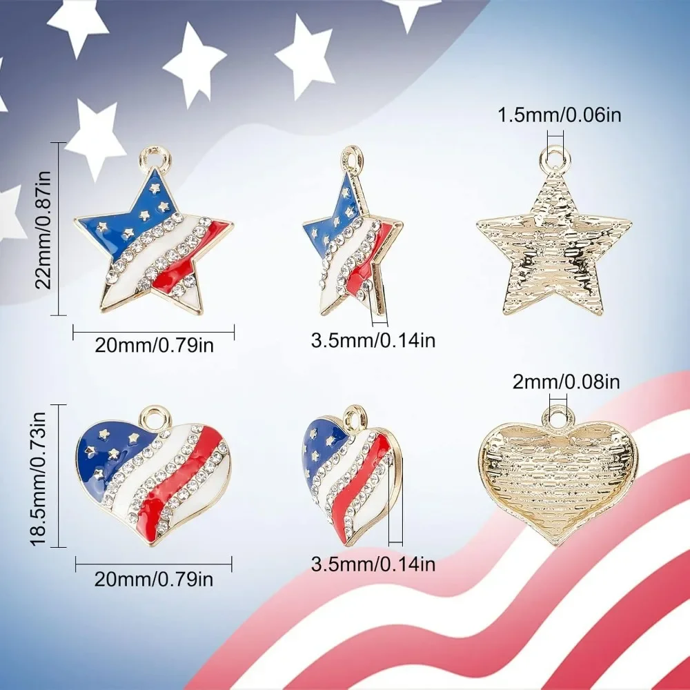 1 Box 20Pcs America Flag Charms USA Charms Patriotic Independence Day Charm 4th of July Rhinestone Love Heart Star Charms