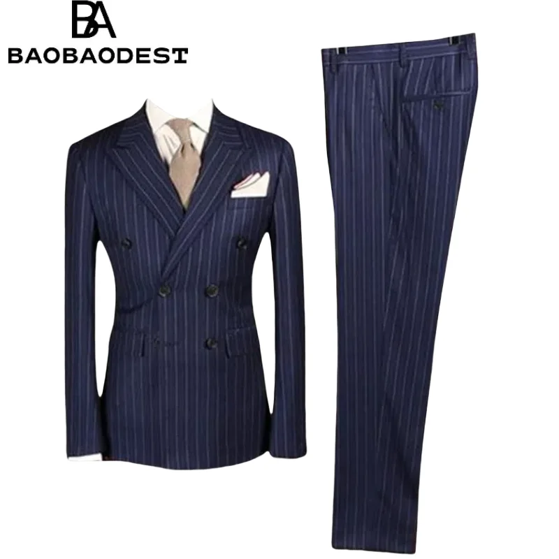 

Men's Striped Wedding Suit 2-Piece Double-Breasted Tuxedo w/ Lace Trim, Prom Dinner Jacket & Pants, Formal Groom Wear