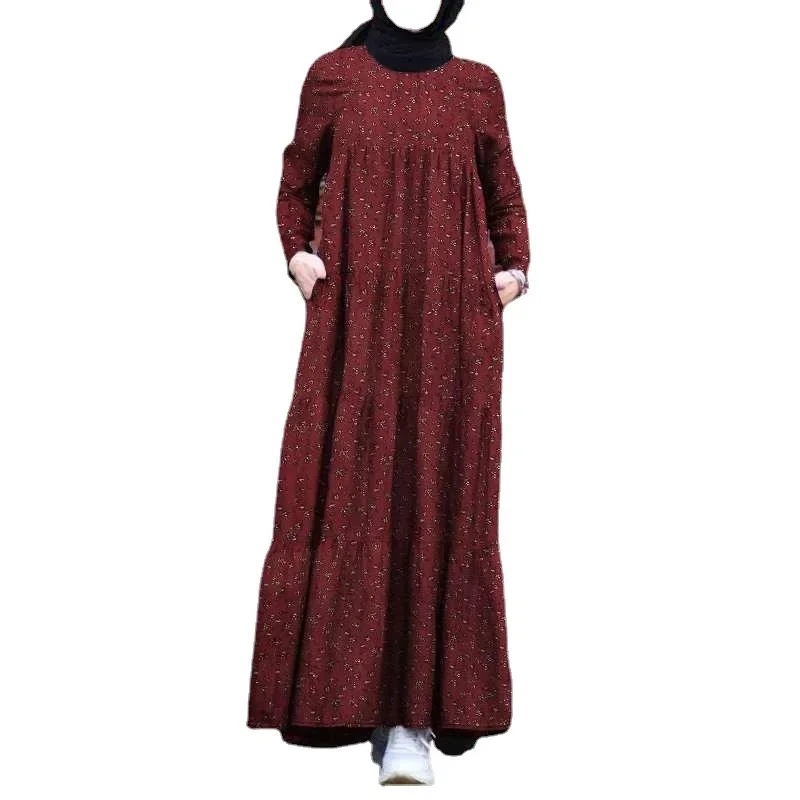 Women dress Eid Muslim Abayas O Neck Print Dubai Abaya Long Robe Zippers Loose Ramadan Morocco Patchwork Casual Pleated Pockets