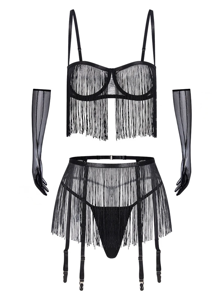

Belamimi Trendy Sexy See-Through Net-Sheer Frill-Cutout Lingerie Set Body-Shaping Six-Piece Set No Back Exposure