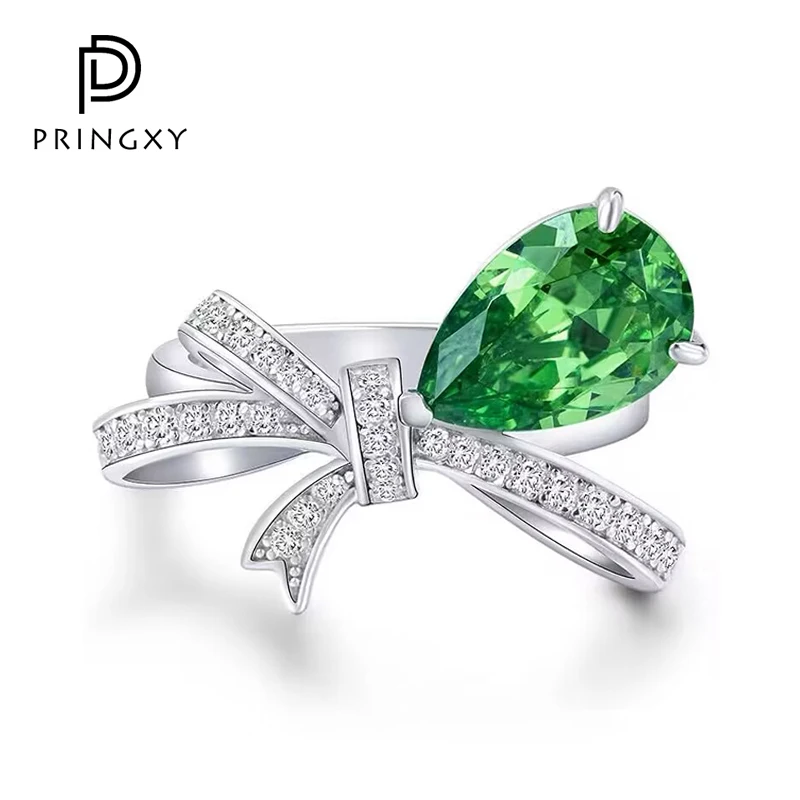 

PRINGXY 3ct Emerald Gemstone Bowknot Ring 100% 925 Sterling Silver Platinum Plated Fine Jewelry for Women Wedding Party Proposal