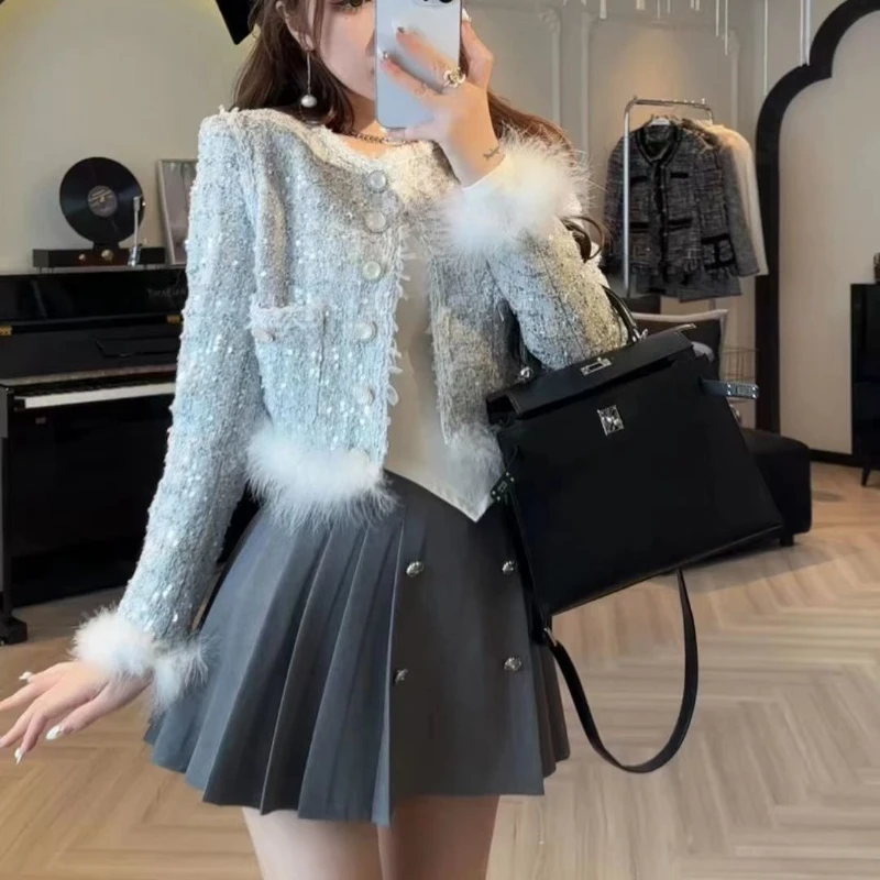 

Маленький ароматный стиль, модное пальто с мехом и блестками + украшение на пуговицах, плиссированная юбка, женский элегантный милый комплект из двух предметов