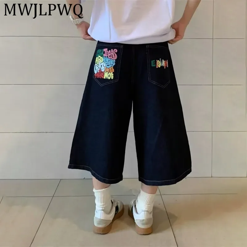

MWJLPWQ American Retro Letter Print Denim Shorts For Unisex Summer High Street Design Loose Wide-Leg Pants 2026 Trendy 14858