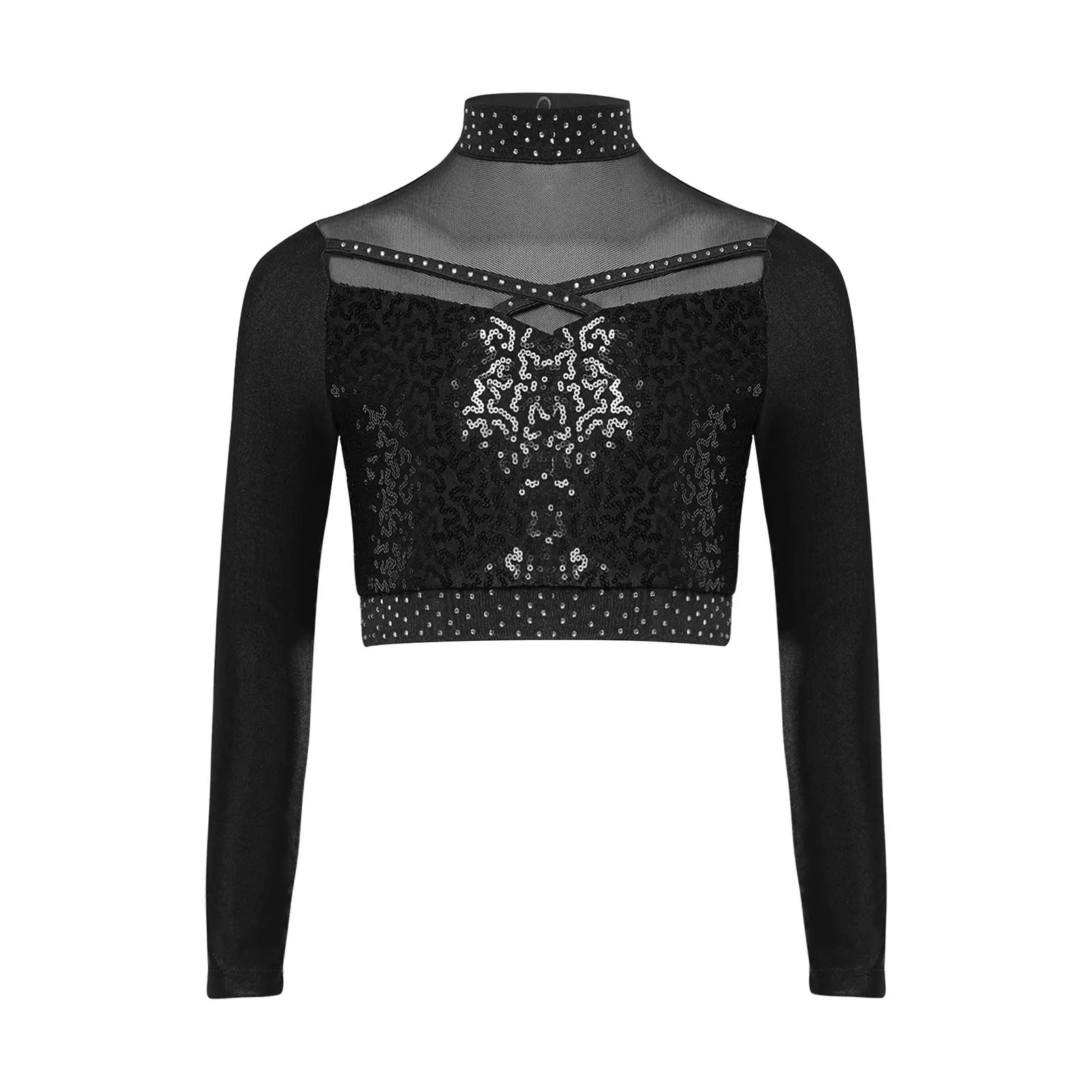 

Kids Girls Jazz Dance Top Long Sleeve Sheer Mesh Patchwork Shiny Sequins Crop Top Streetwear for Hip-hop Performance Dancewear