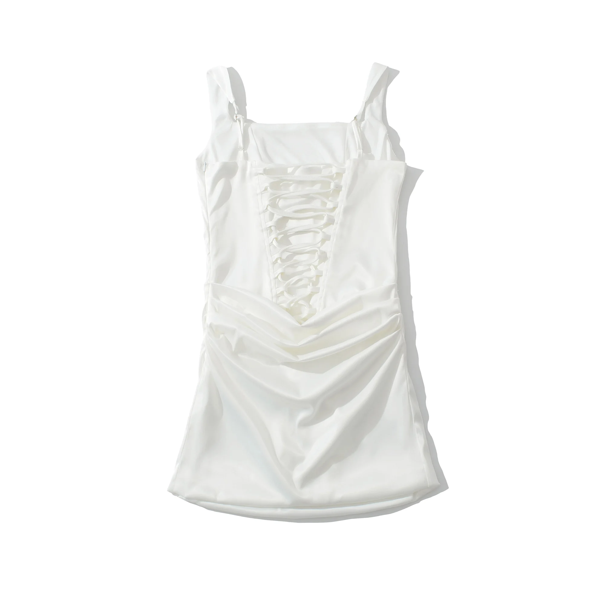 Nouveau Sexy désossage taille mince robe en Satin femmes taille basse ourlet froncé croix laçage dos de pansement Mini robes à bretelles Femme robes