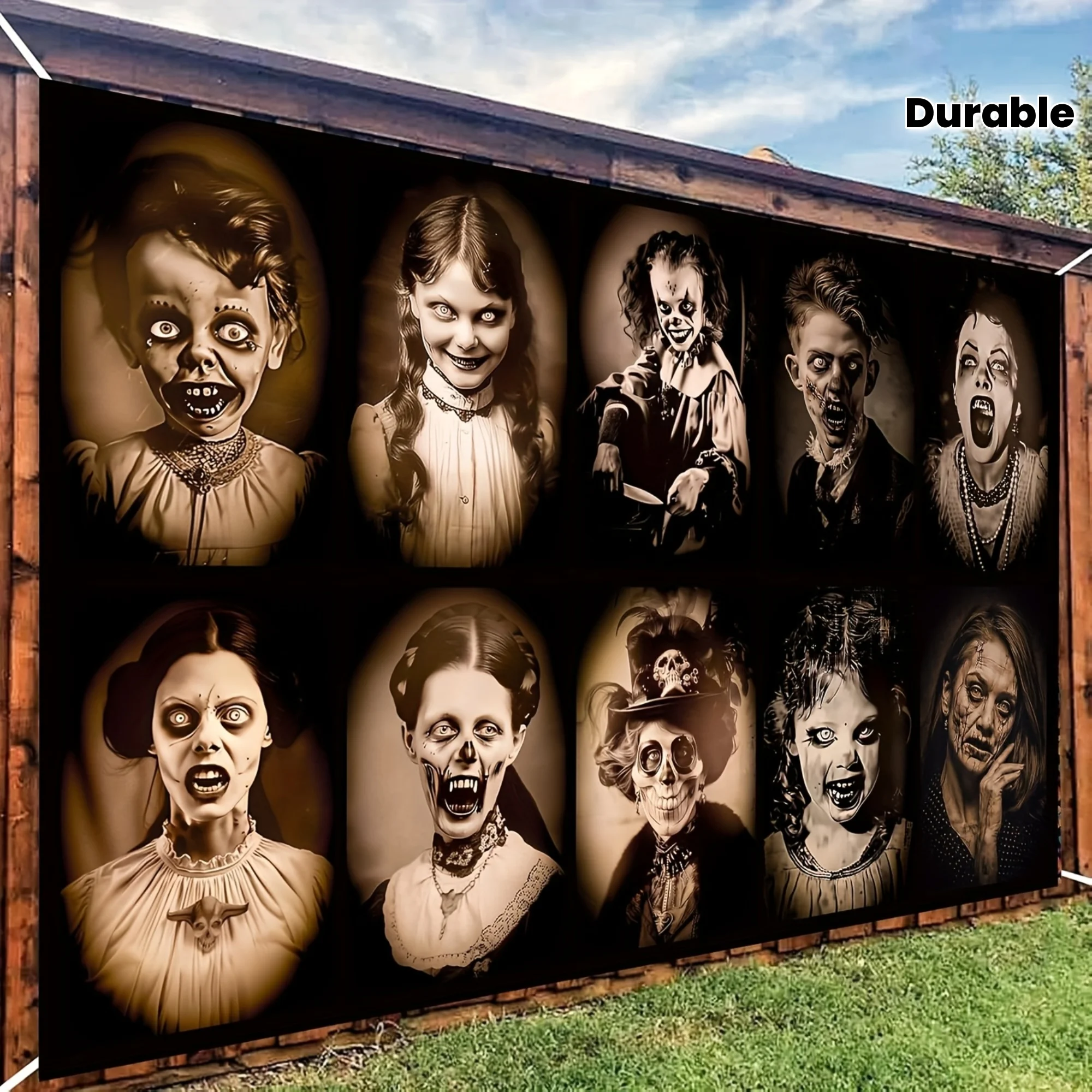 Halloween-Gothic-Hintergrundtuch, 12 Retro-Horrorporträts und Zombie-Make-up-Designs, Polyester, geeignet für Event-Dekoration