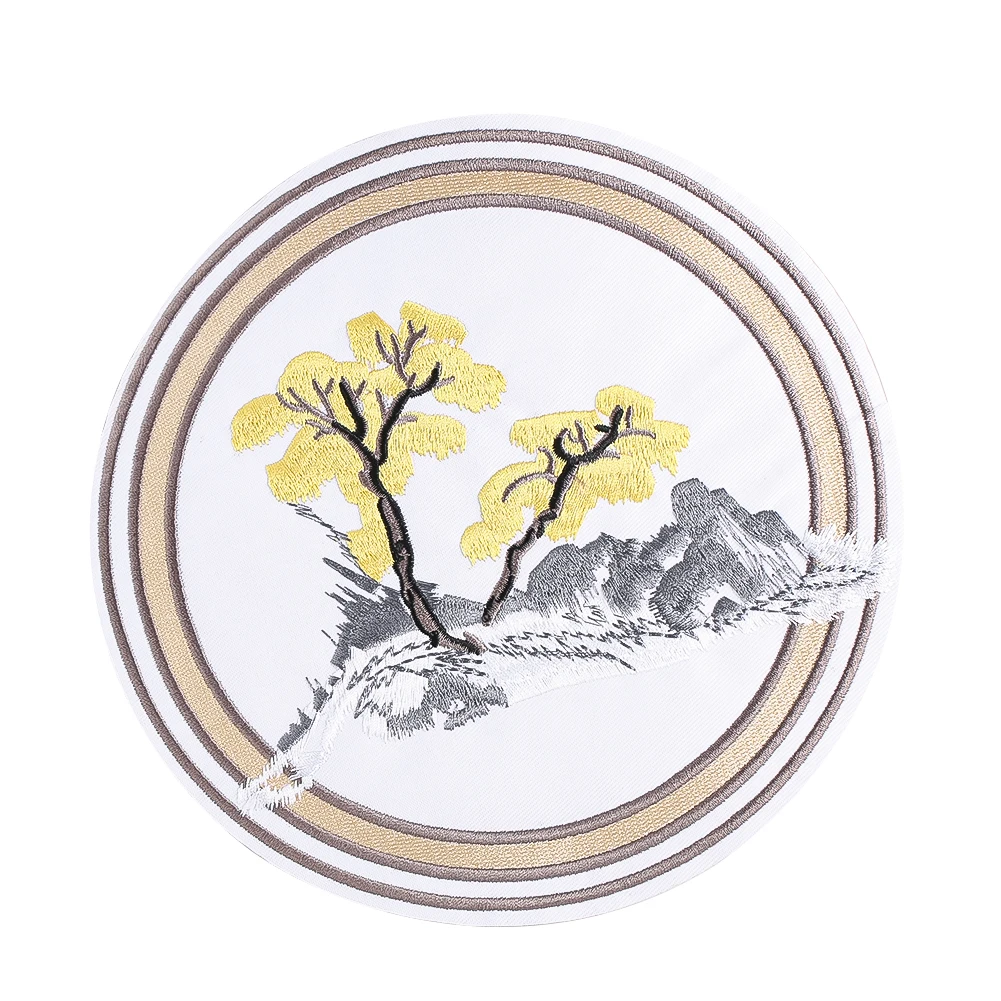 Chinesischer Landschafts-Bestickter Aufnäher mit Kiefern und Berglandschaft zum Aufbügeln oder Aufnähen für Leinenkleidung, Teeraum-Dekoration, Geschenk – Detail 2