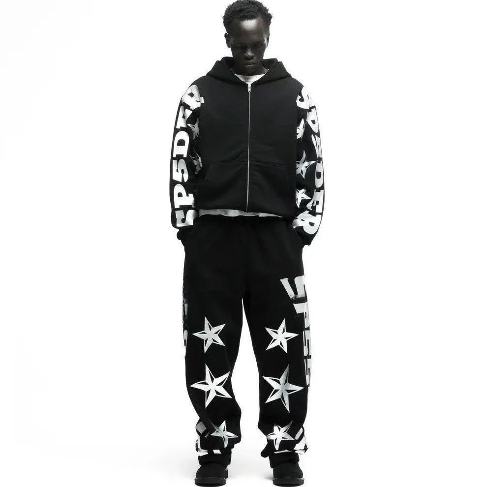

Bla Sp555der Zip Hoodies Sweatpants Set Cotton Hooded Jaet Warm Fce Long Sve Casual Wear for Young Men