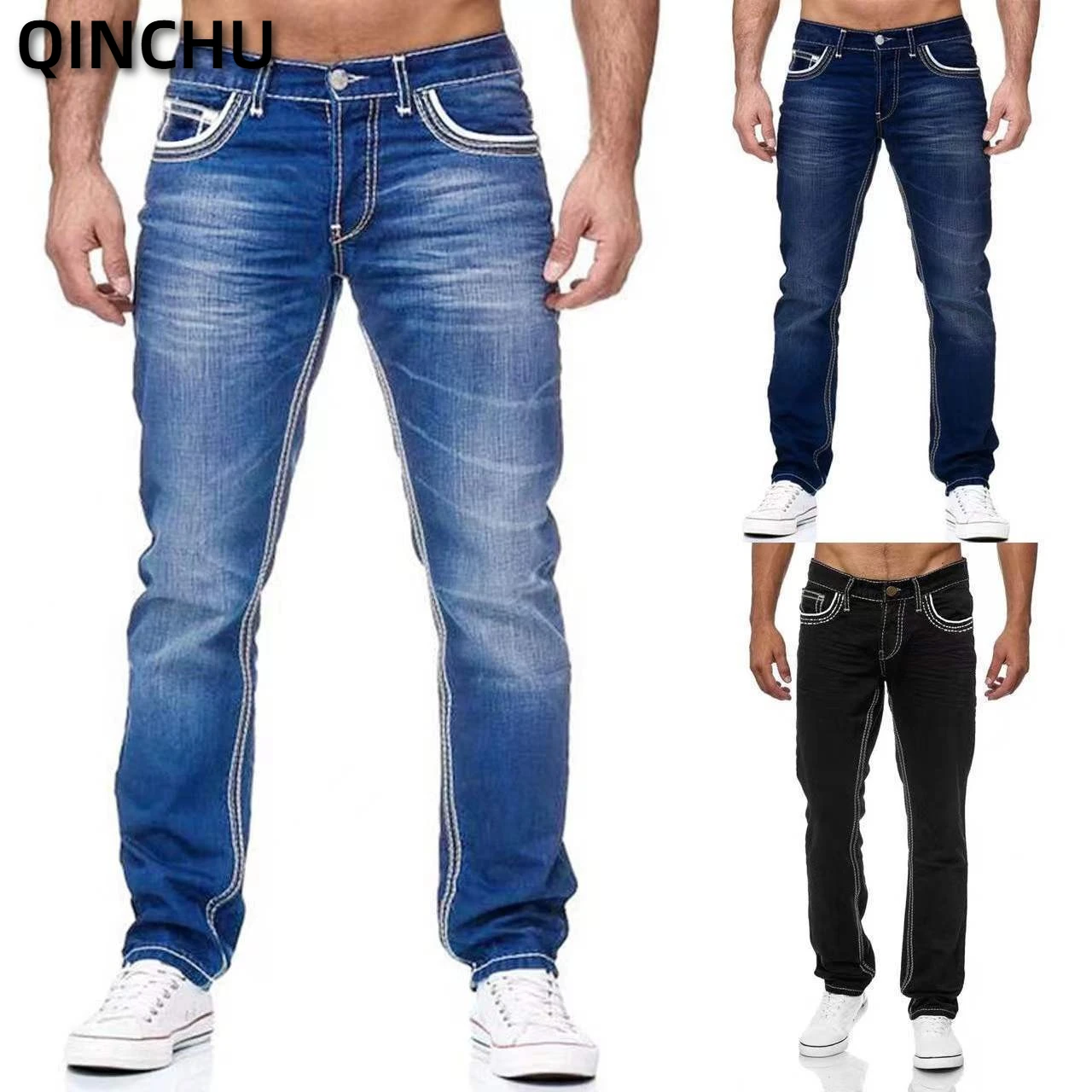 

QINCHU 75% Pure Cotton New Men's Jeans Hit Casual Denim Pants