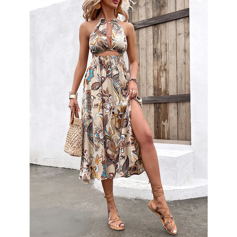 

Viya The latest design of the summer women's sexy halterneck high-waisted slit dress