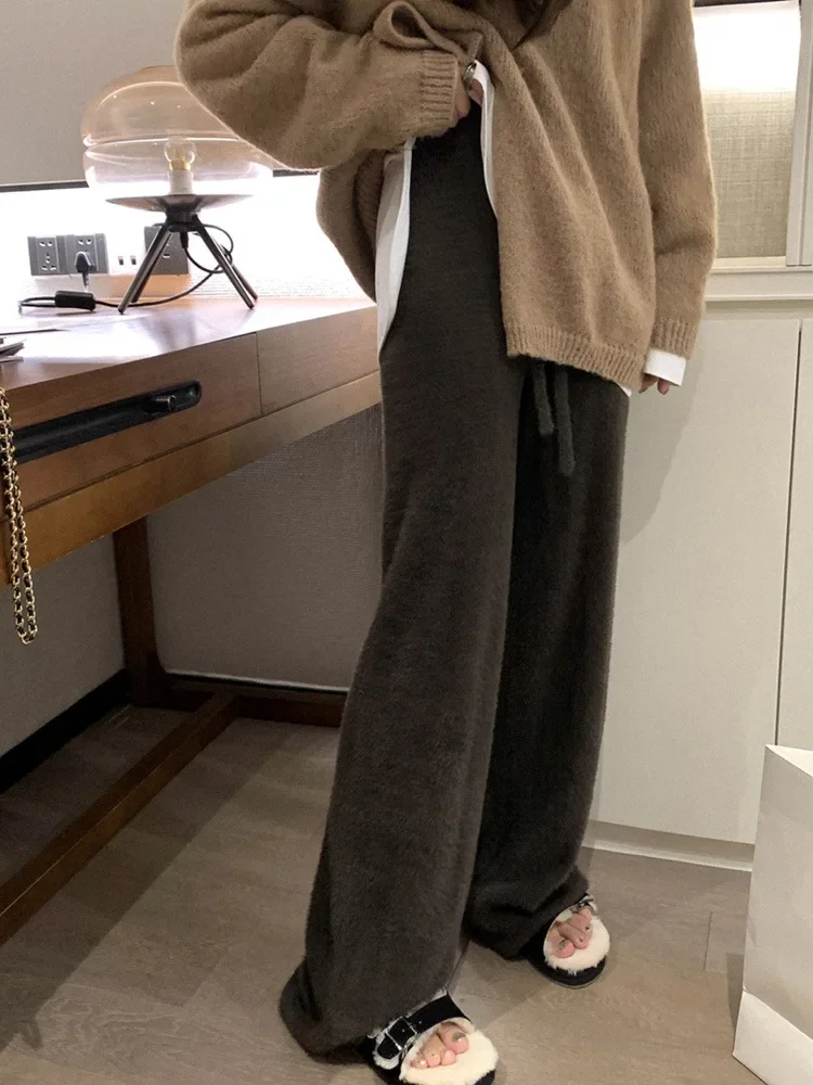 Korean Fashion Women's Wide Leg Pants Autumn Winter Plush Warm Knit Loose Casual Pants Y2k Sweatpants Women Streetwear