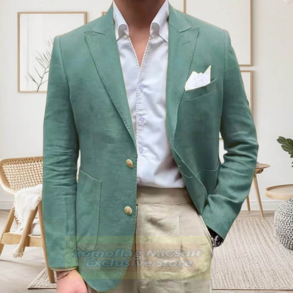 Premium Sage Green Linen Blend Blazer for Men Breathable Summer Casual Suit Jacket Smart Casual Office Coat
