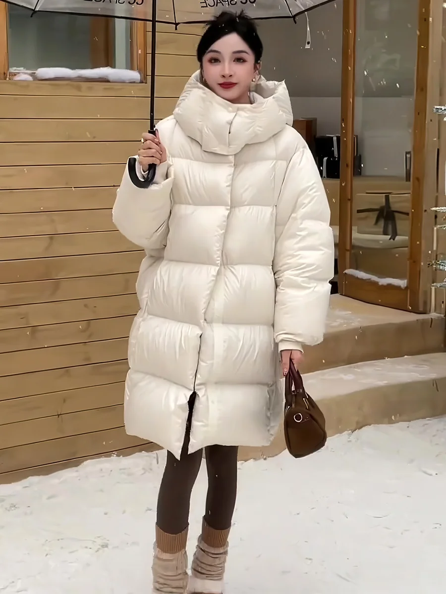 

Women's Hooded Du down Jaet Mid-Length Thiened Warm Bread Sle Outerwear Winter Coat White Du Feather Commute Sle