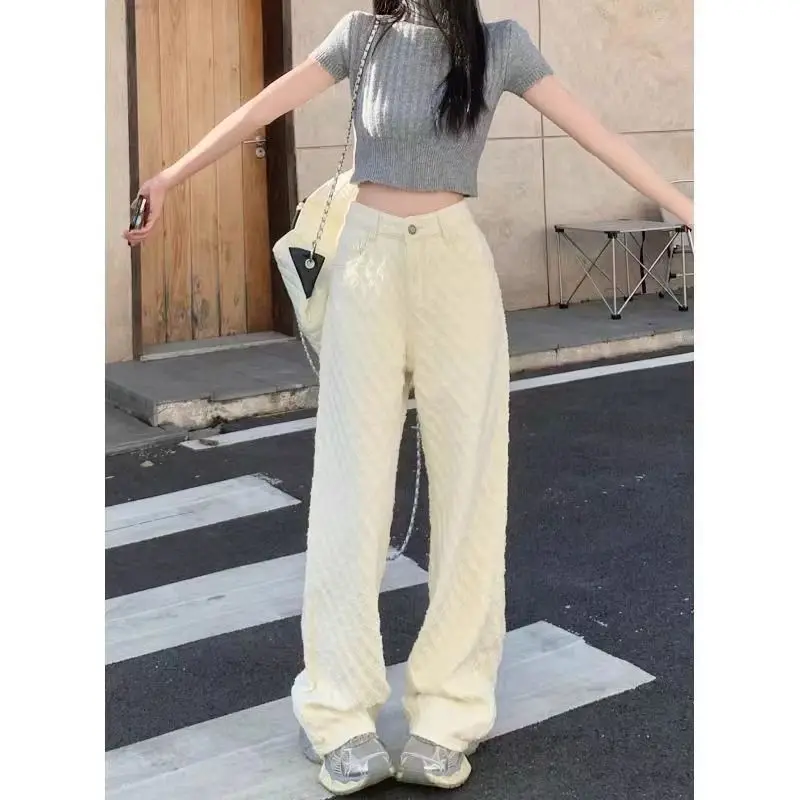 

Summer Lady Loose Jeans High Waisted Straight Leg Pants Appear Thin Solid Color Printing Mopping the Floor Wide Legs Trousers