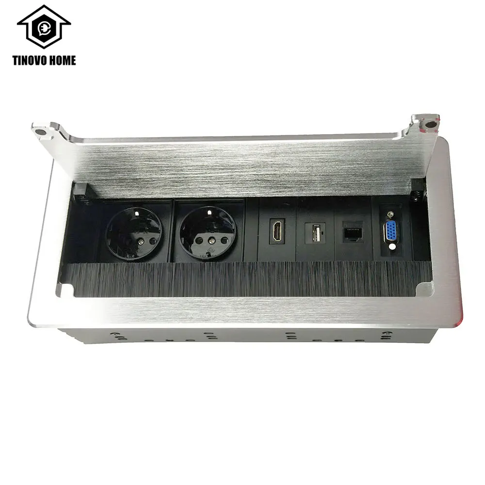 Office Conference Desktop Socket / 2 European Standard Power  Rj45 Usb Vga Network Socket Box Aluminum Alloy Brush Dustproof